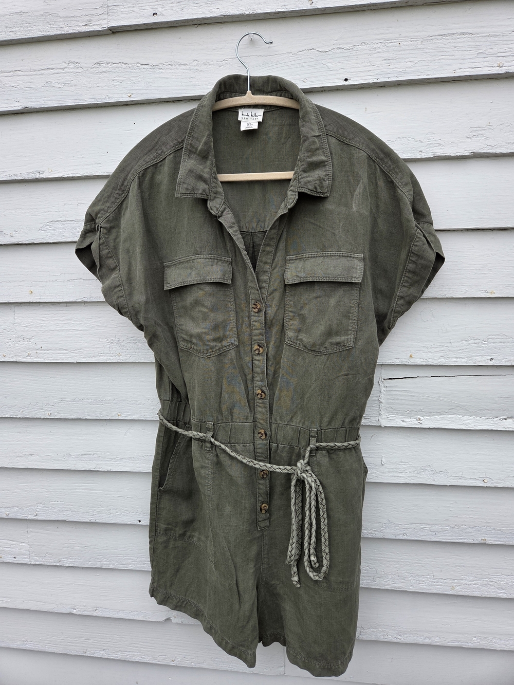 Nicole Miller Olive Green Button-Front Utility Playsuit with Braided Tie - Picture 3 of 5